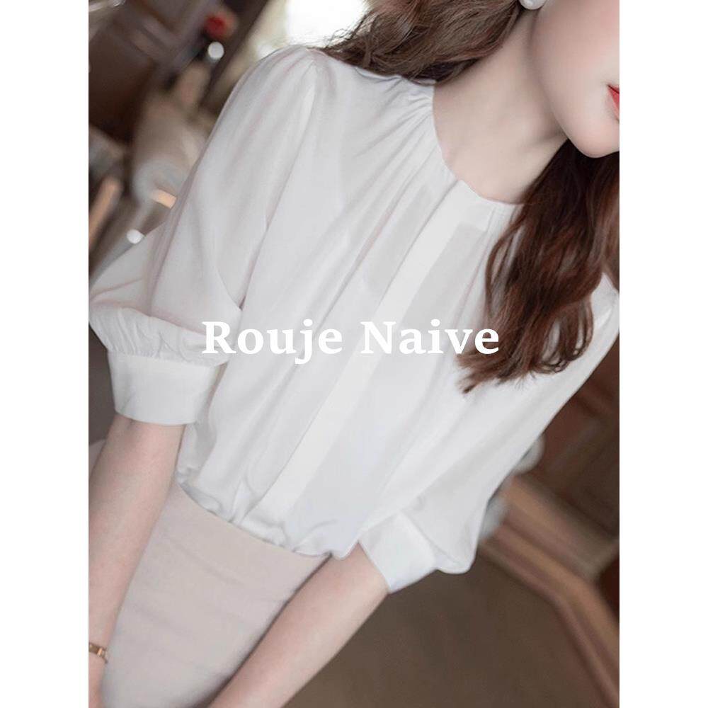 ROUJE NAIVE轻熟风白色雪纺衬衫女夏法式高级感OL职业气质上衣
