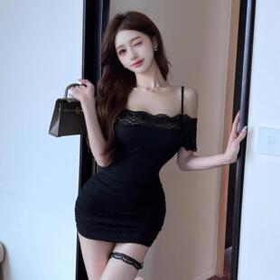 性感一字领甜美气质紧身吊带露肩包臀蕾丝连衣裙夜场店上班女装
