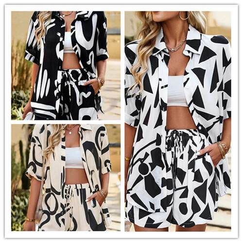 Printed suit women's shirt shorts two