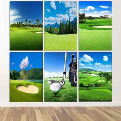 高尔夫球场风景贴画球场会所装饰画挂画蓝天白云草地室内护眼海报