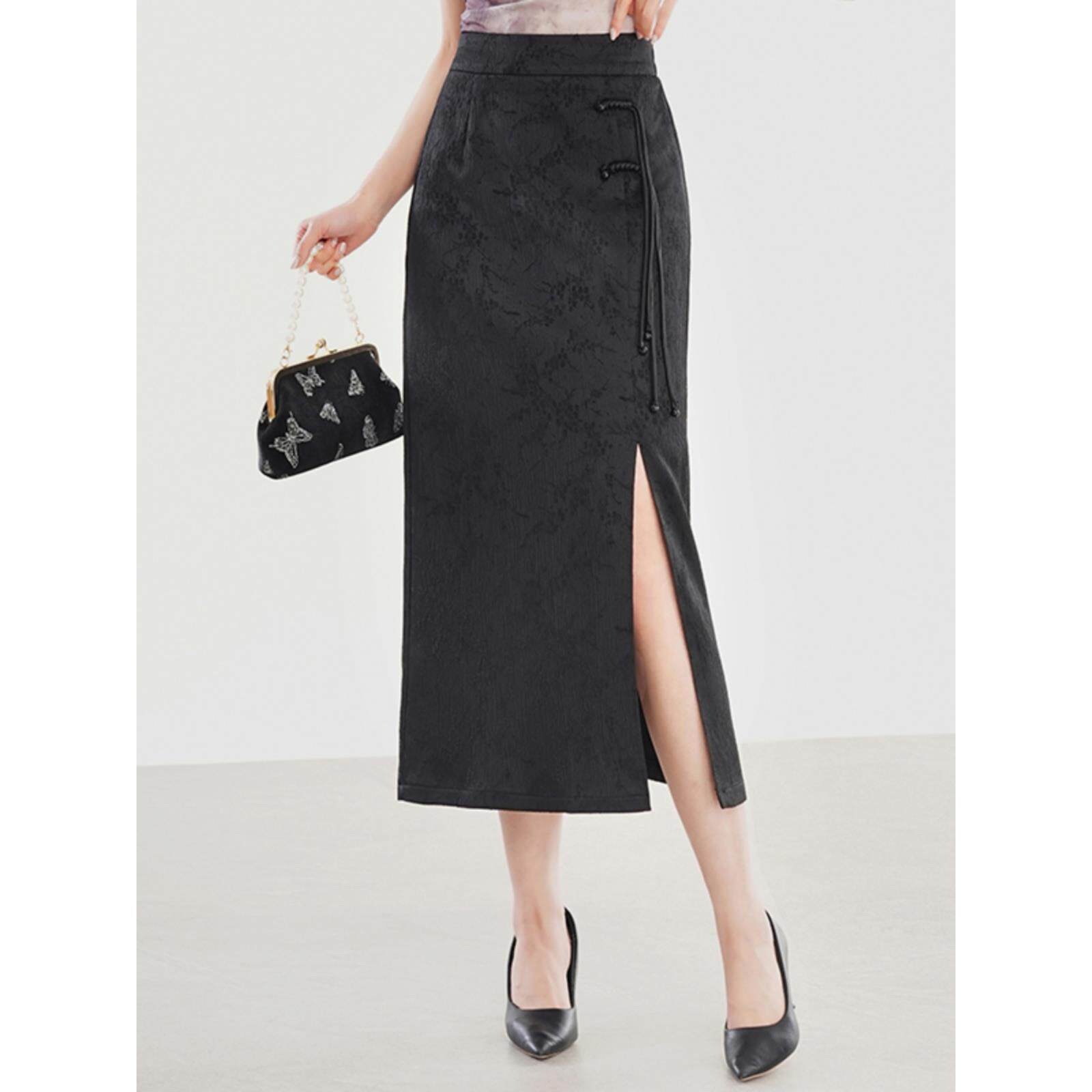 系带盘扣设计感提花开叉一步裙包臀裙半身裙春夏2024新款长裙显瘦