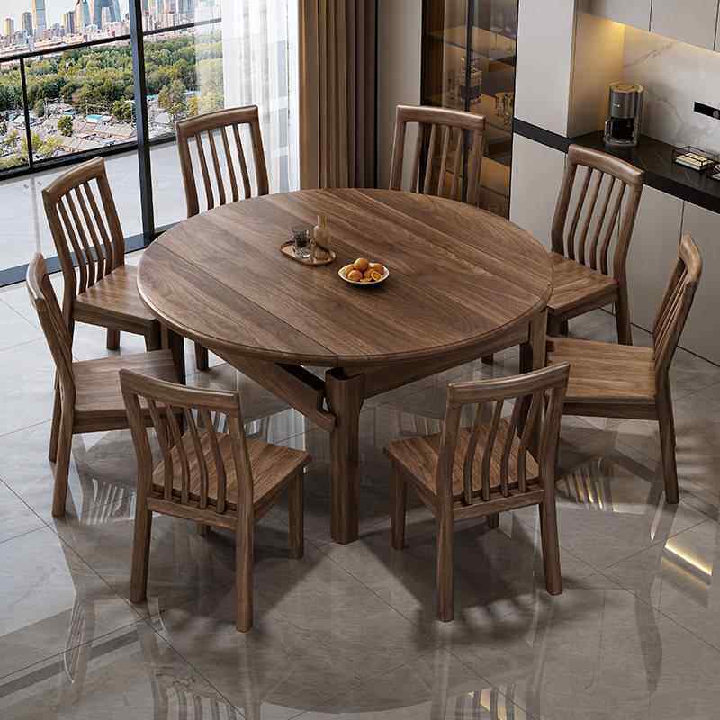 北美黑胡桃实木餐桌椅组合伸缩折叠小户型家用饭桌可变圆桌子