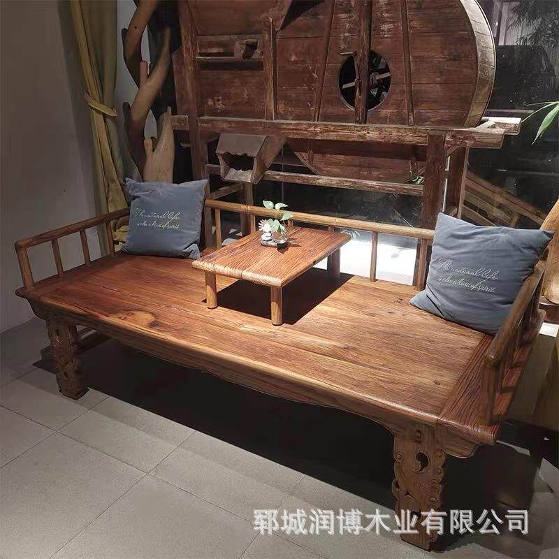 新款直销新中式实木老榆木罗汉床推拉伸缩床沙发床复古小户型客厅