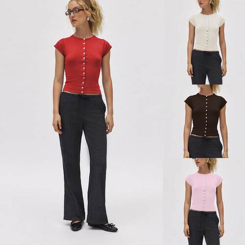 Women's top button short sleeved sweater outfit