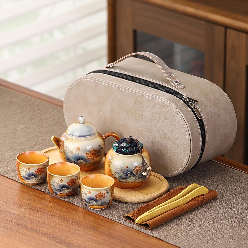 复古仿柴烧一壶三杯旅行茶具套装户外便携式旅行快客陶瓷茶具