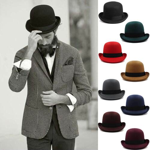 Wool Felt Fedora Derby Bowler Hat 羊毛呢卷边圆顶礼帽爵士帽