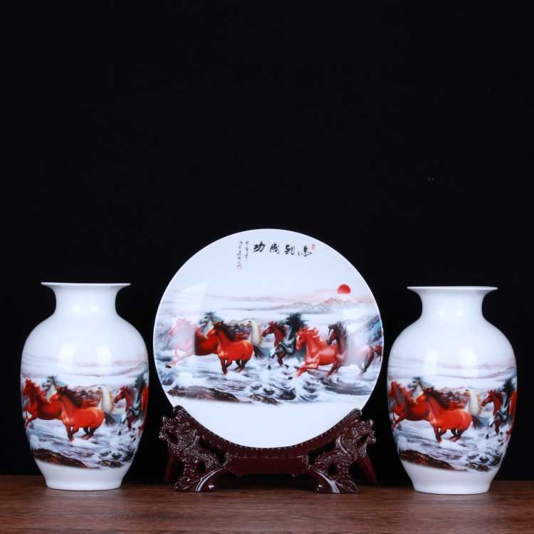 景德镇陶瓷工艺品 三件套花瓶 现代家居装饰中式陶瓷摆件鸳鸯戏荷