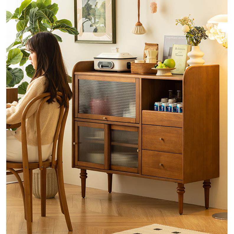 北欧实木餐边柜家用客厅玻璃多功能茶水柜厨房复古碗具收纳储物柜