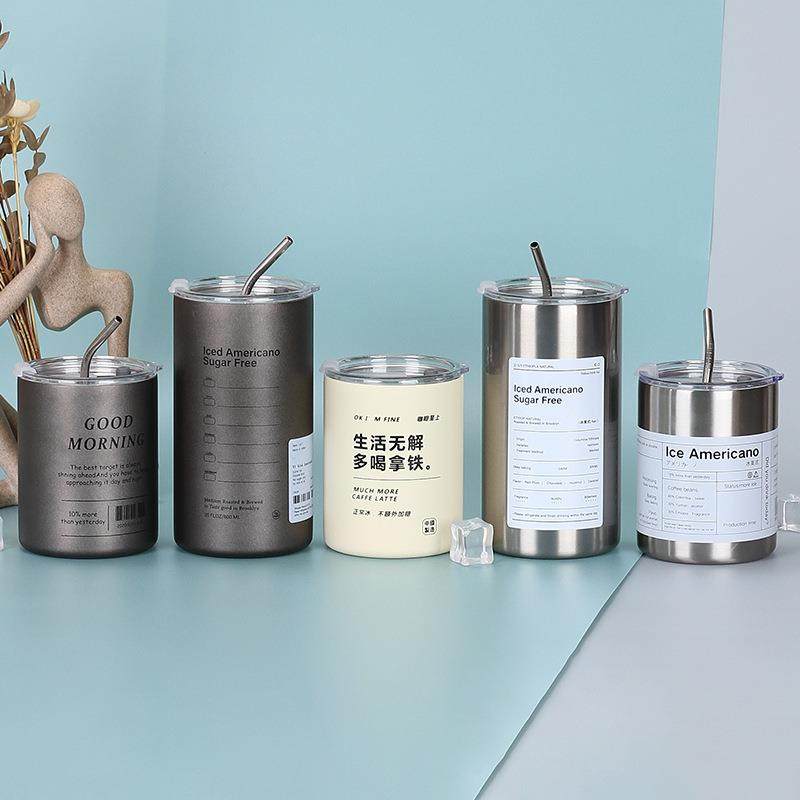 新款304不锈钢冰美式咖啡杯双层真空带吸管直身杯家用便携保温杯