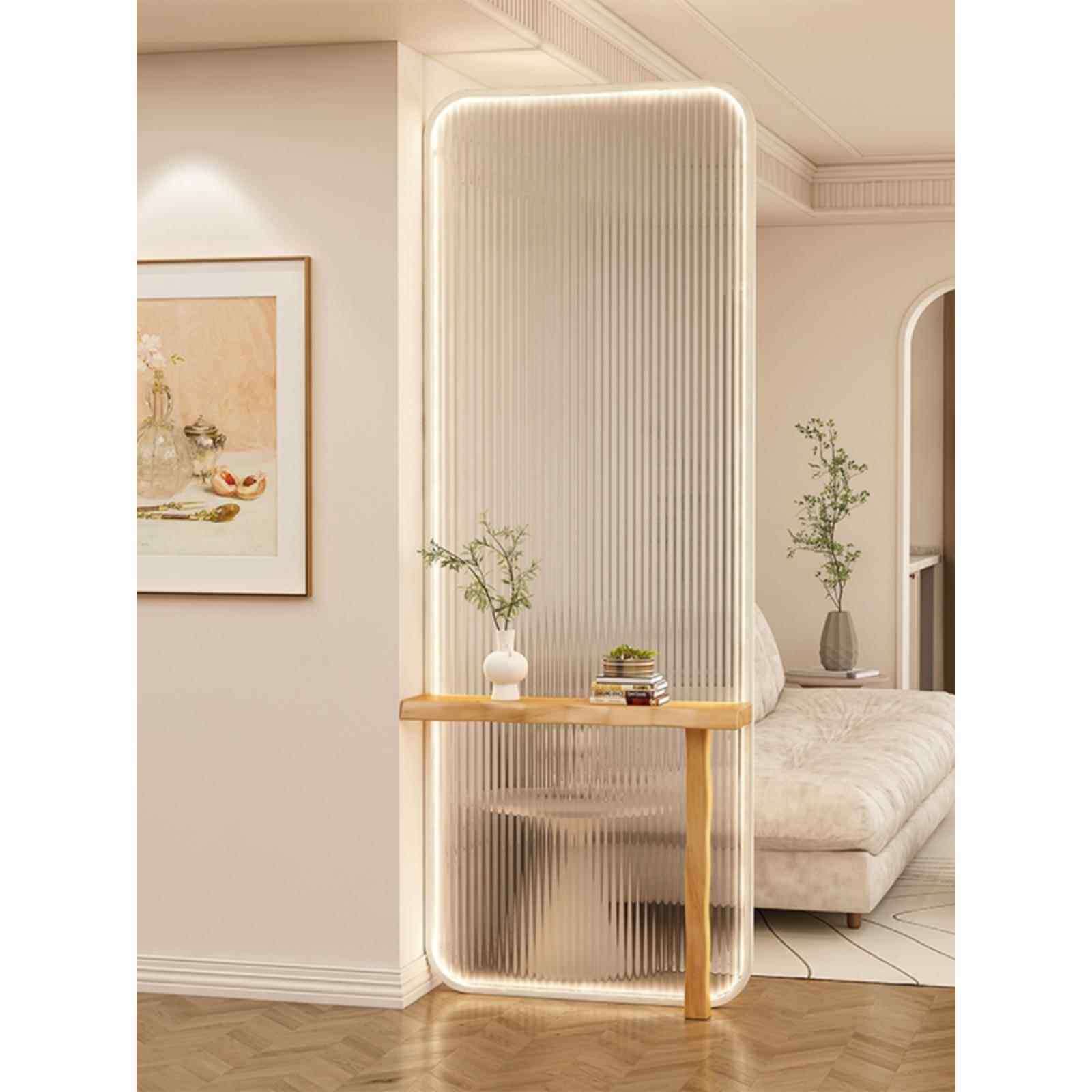 奶油风长虹钢化玻璃屏风卫生间入户现代玄关不锈钢铁艺隔断墙定制