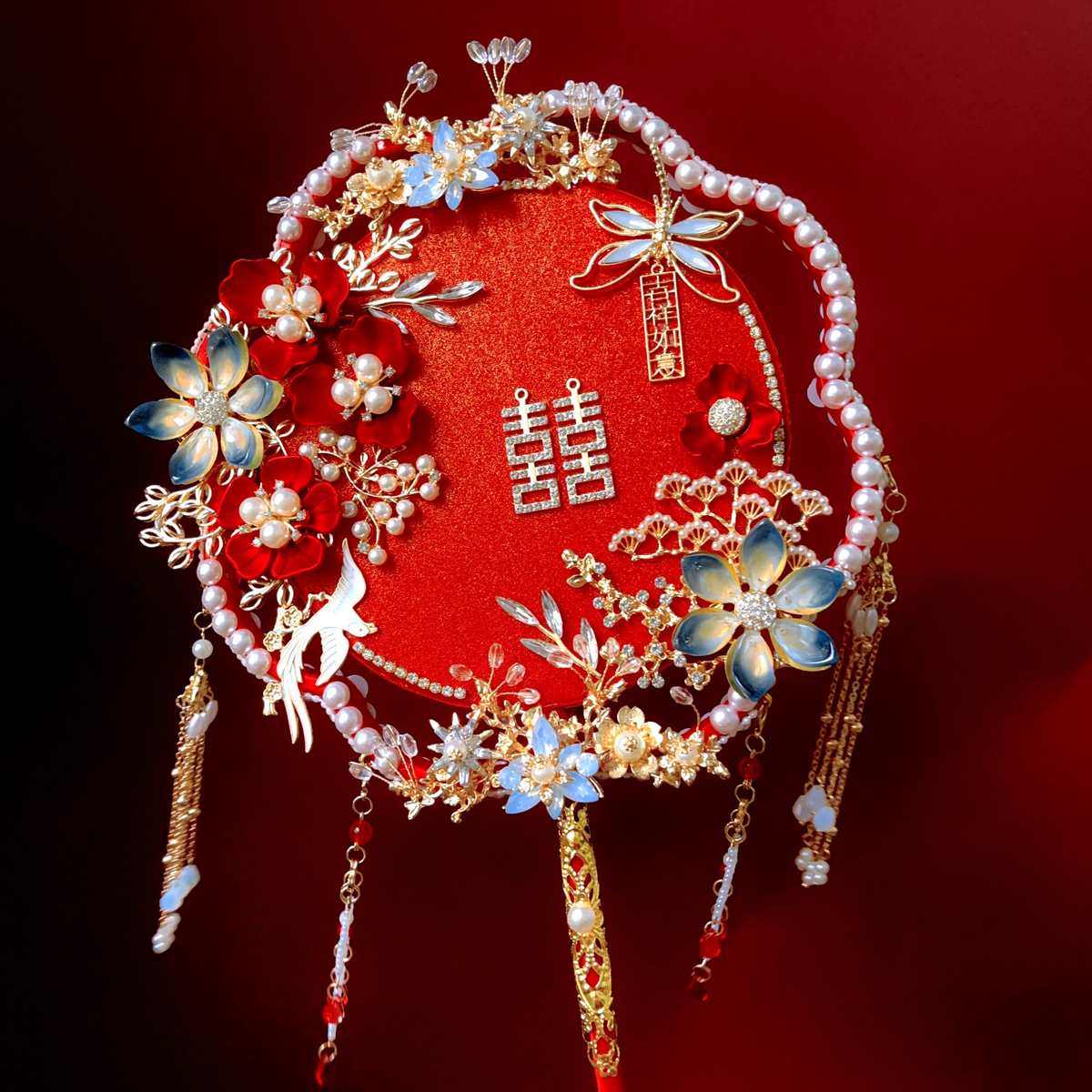 中式双面双圈团扇diy材料包成品新娘结婚龙凤秀禾服手捧花可代发