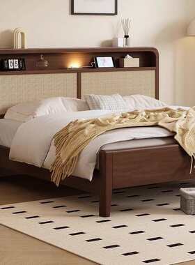 欧风全实木藤编床纯实木床多用双人床卧室民宿床现代简约中古风床