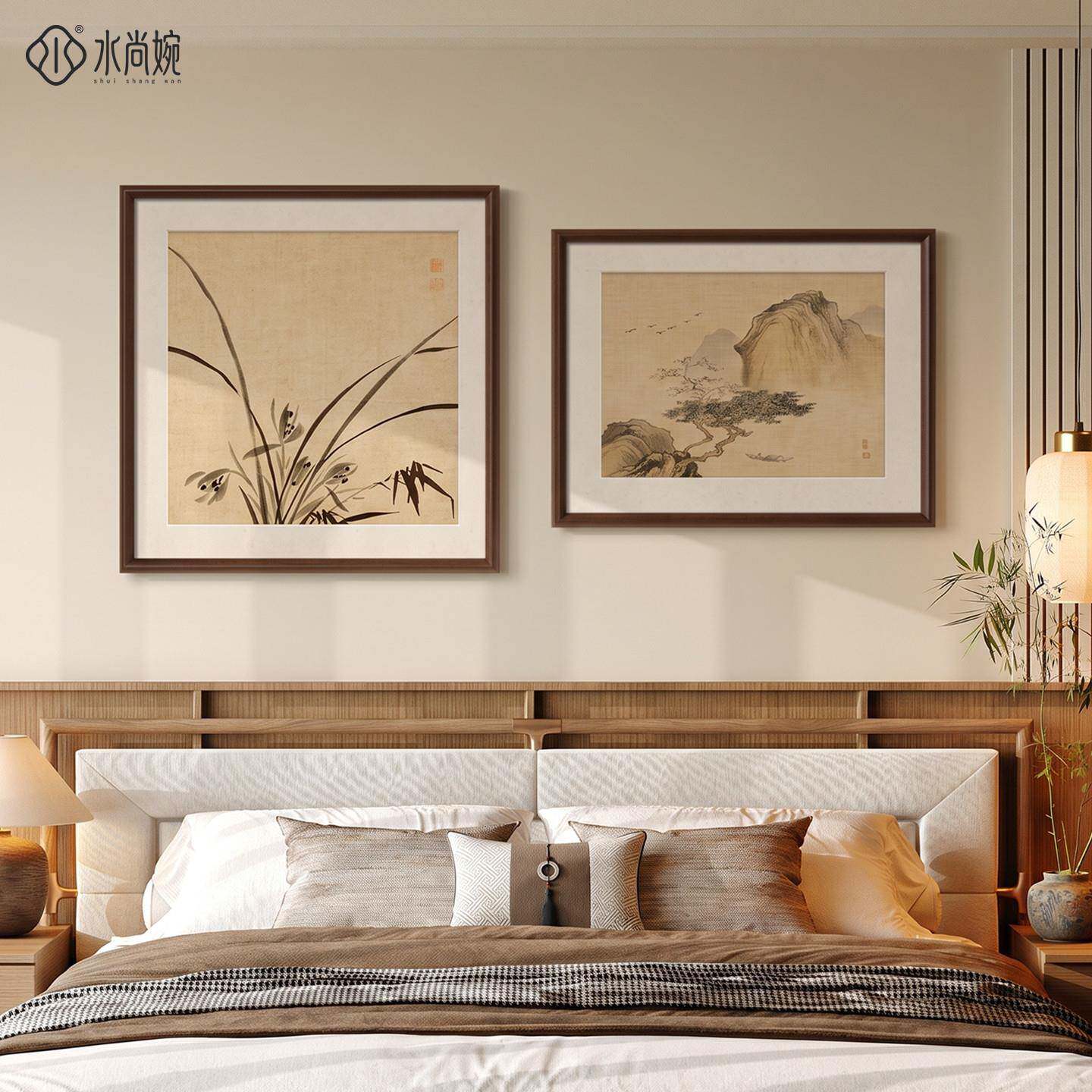 宋式美学夫妻卧室装饰画新中式兰花床头挂画实木画框主卧组合壁画