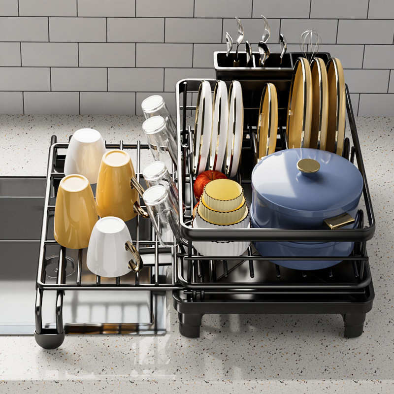 厨房碗架台面双层沥水碗架子多功能伸缩碗碟收纳架家用