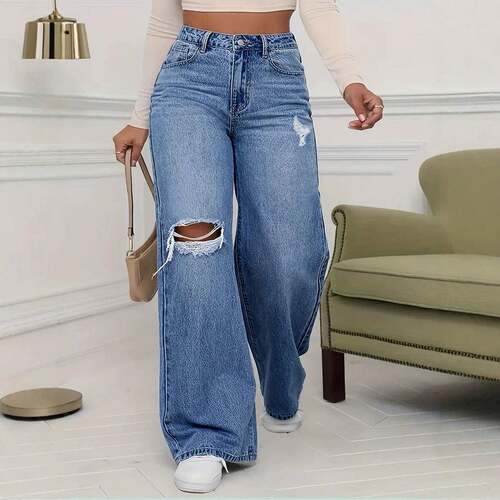 Women's Mid Waisted Pull On Stretchy Flare Ripped Wide Leg