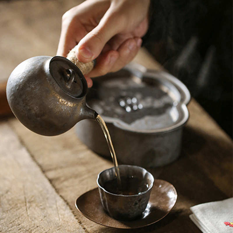 日式手工鎏金茶壶 复古粗陶功夫茶具侧把壶 带球孔泡茶壶家用单壶