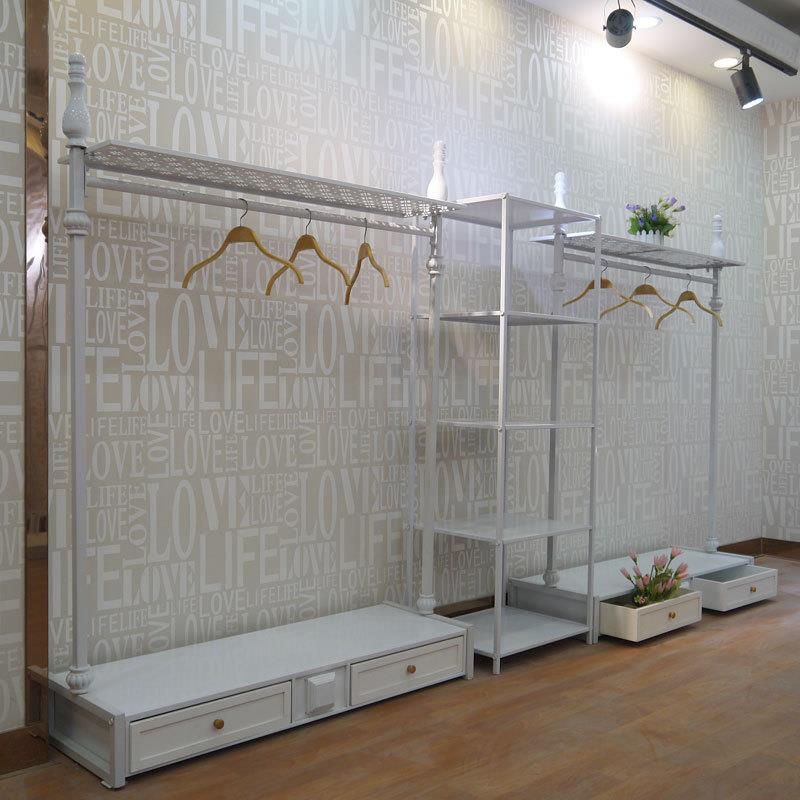 服装店衣架展示架落地式铁艺衣服货架带抽屉中岛架白色陈列架新款