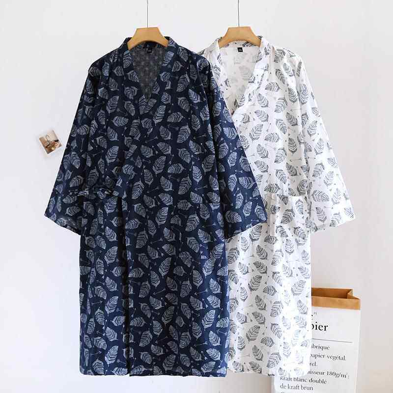 春秋季男纯棉睡袍日系和服纱布提花系带浴袍汗蒸服全棉家居服睡衣