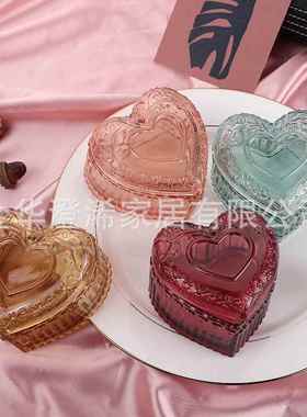 彩色蝴蝶结浮雕款立体爱心型带盖收纳盒玻璃发夹耳钉首饰收纳盒