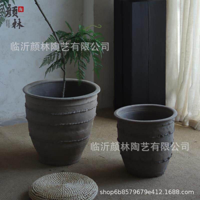 粗陶花盆大口径陶土盆民宿装饰盆透气陶缸复古种树大号花盆纯手工