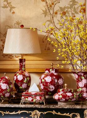 欧式红色陶瓷镶铜装饰储物罐盖坛客厅茶几花瓶纸巾盒卧室摆件