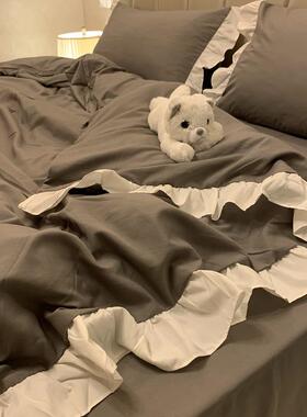 正品日式简灰色18四件套i.ns纯荷叶花边被套床单床裙学约生宿舍三