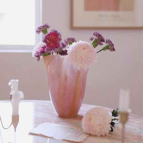样板间玻璃摆设插花中古装饰高级感花边摆件花瓶轻桌面客厅粉色奢