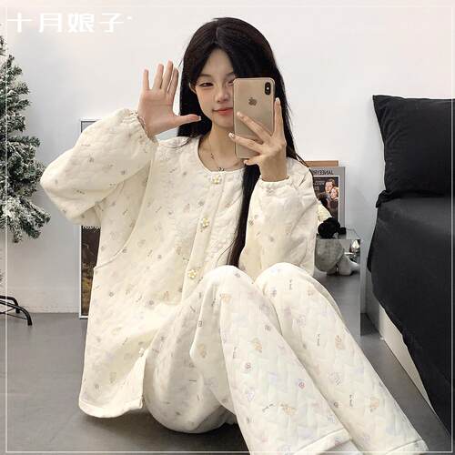 带胸垫月子服春秋冬季款产后加厚空气棉10月份11哺乳孕妇睡衣套装