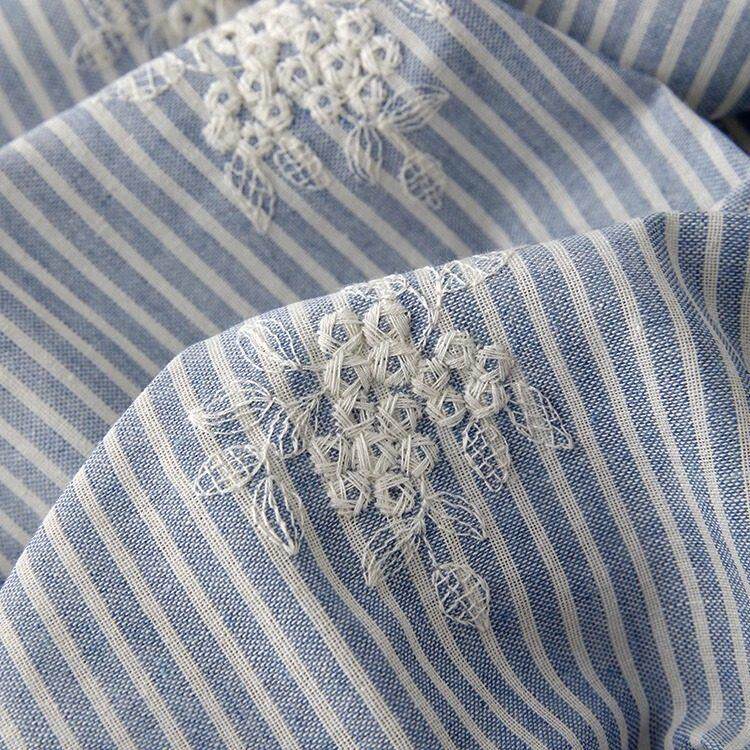 ins春夏薄款复古浅蓝条纹刺绣涤棉布料连衣裙衬衫童装服装面料diy