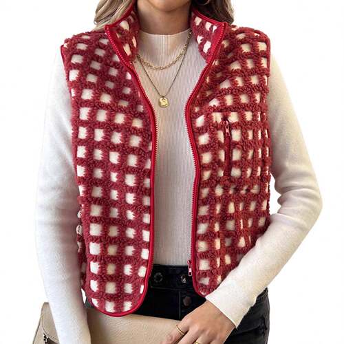 Women's Fitted Warm Woven Check Pocket Coat Vest Elegant