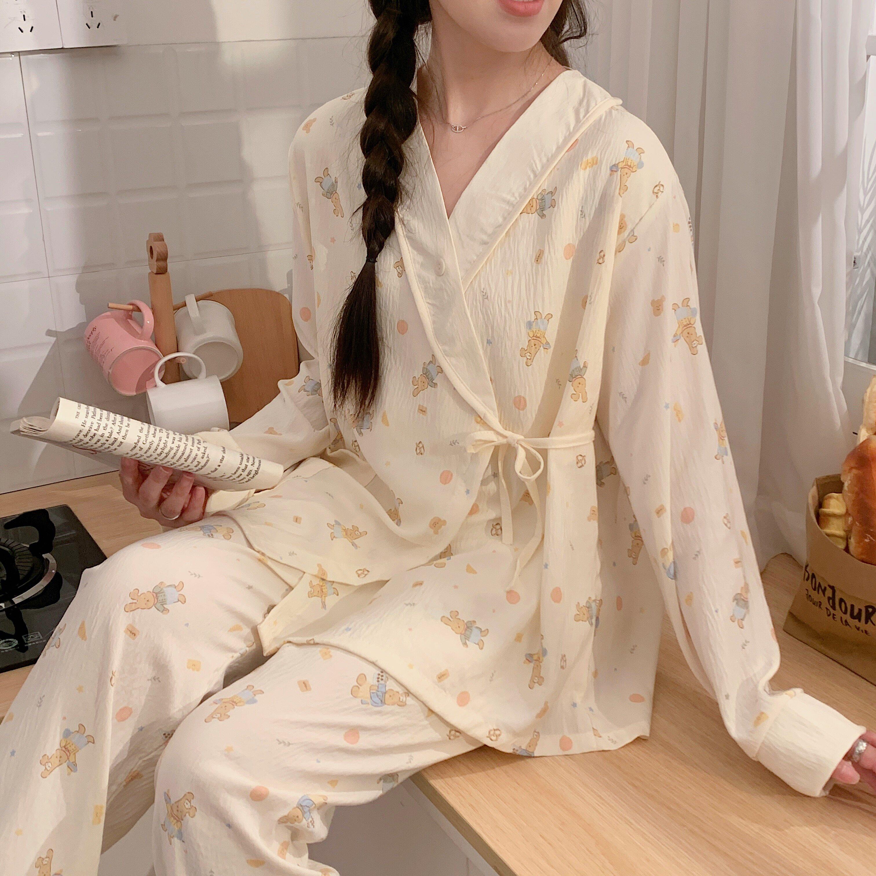 皱皱棉纱月子服夏季薄款产后带胸垫哺乳孕妇睡衣春秋4月份5家居服
