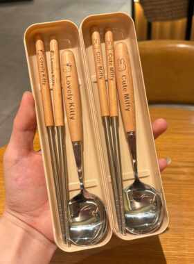 可爱ins木柄筷子勺子套盒高颜值叉子学生宿舍上班族外出便携餐具