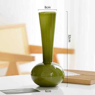 高干花客厅高级摆设摆件花瓶中古绿色办公室桌面花束一枝花感琉璃