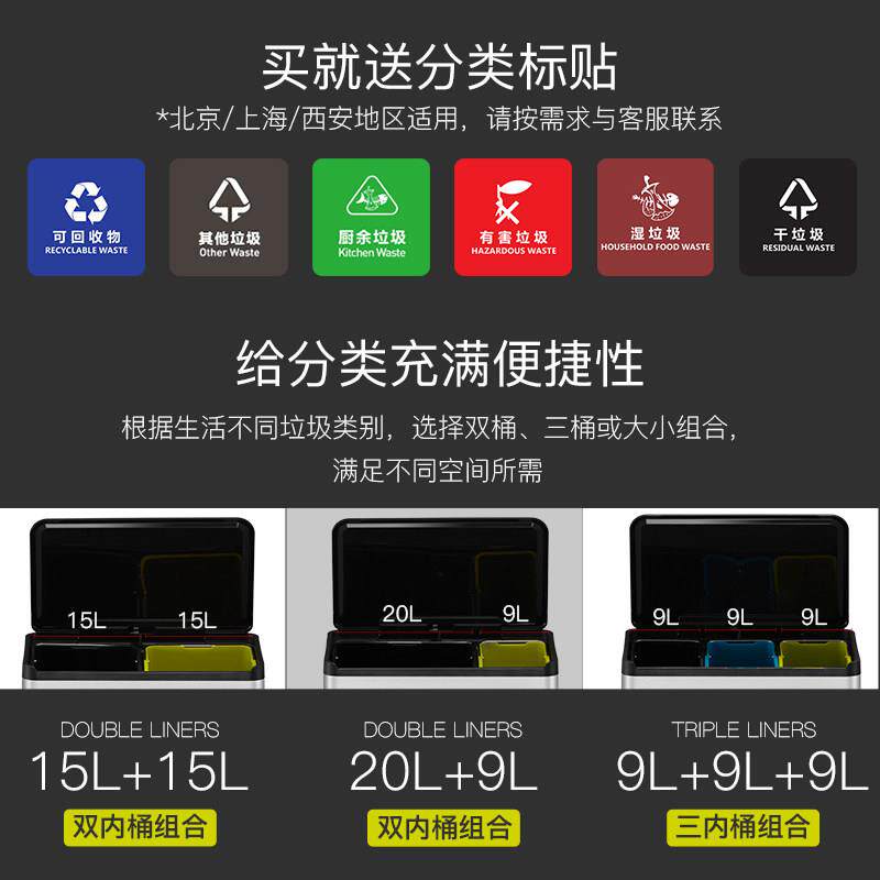 KEO干 干湿垃分类圾家用不锈钢脚踏用EK8228式厨房家客厅带盖子大