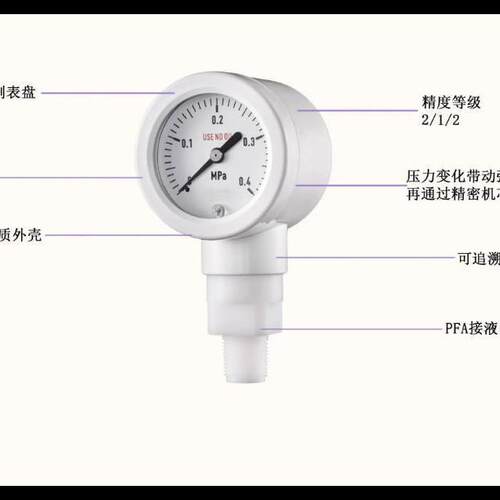 60MM径向 全钢2.5级 PFA超高纯洁净压力表,PFA超高纯洁净压力表