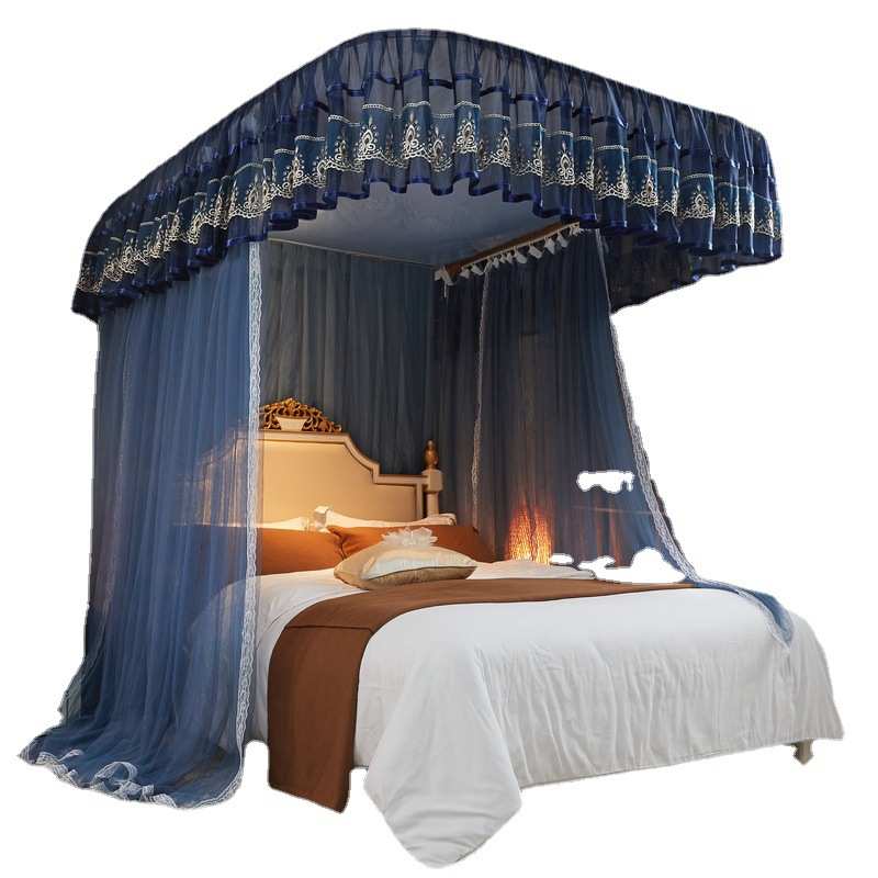 2024新款导轨式蚊帐宫廷落地u型床帘公主风三开门可升降家用卧室