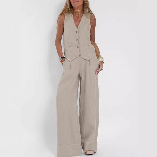 Vest pants patchwork cotton linen set