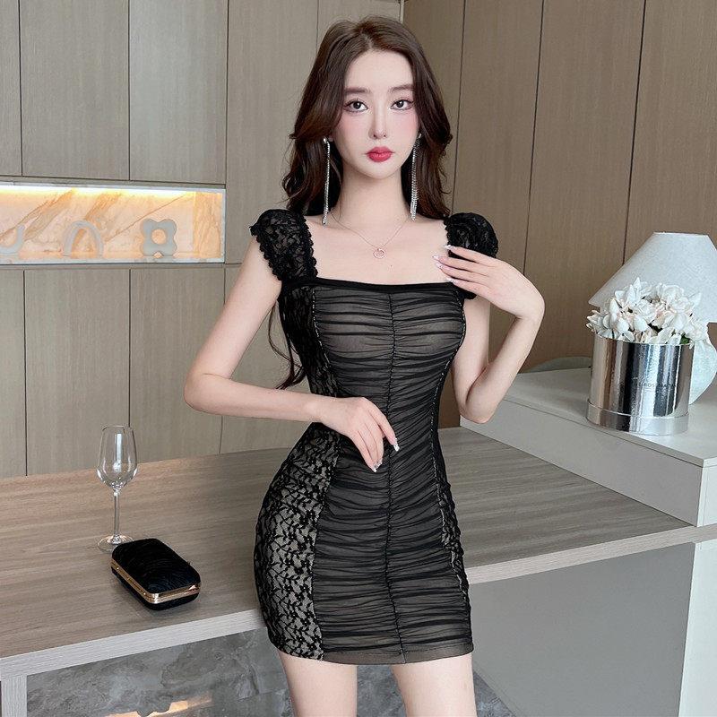 纯欲夜店足疗技师服新款蕾丝拼接褶皱修身显瘦洋装花边辣妹短裙