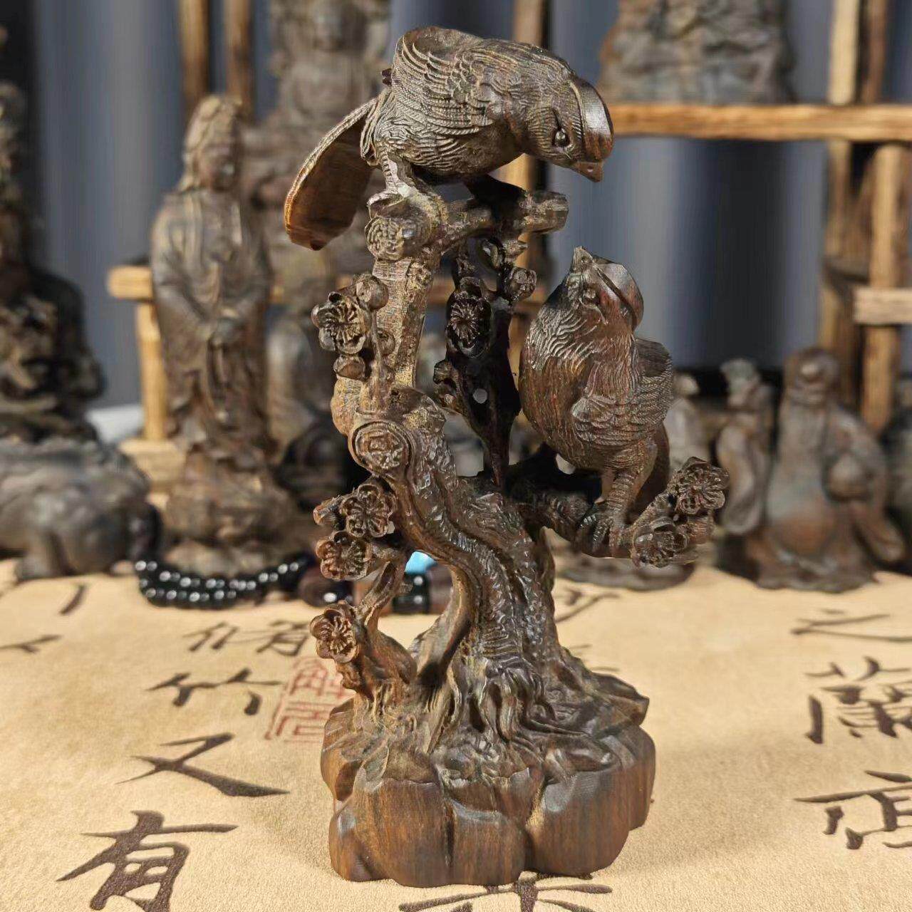 沉香木雕喜上眉梢摆件实木雕刻喜鹊摆件实木文玩工艺品14cm桌摆