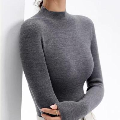 灰色可机洗无缝100%羊毛打底衫女半高领扬子纱秋冬修身针织薄毛衣