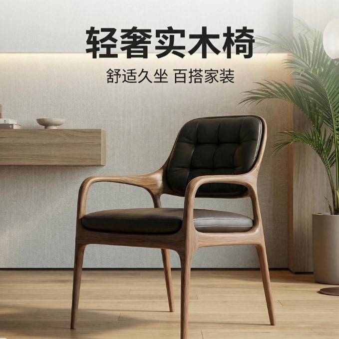 北欧真皮实木餐椅设计师款北美黑胡桃木休闲椅扶手茶椅