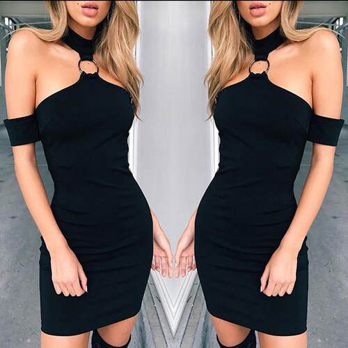 Buckle neck tight dress with shoulder bag and hip