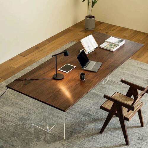 胡桃色简约餐饭桌亚克力书桌茶桌实木家用办公桌电脑桌学习大板桌