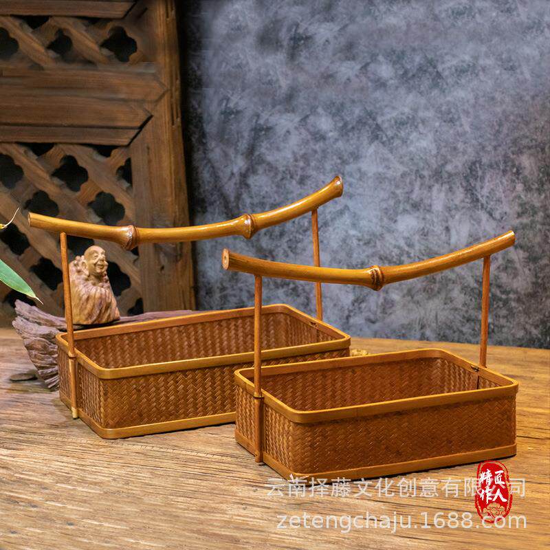 手工竹编大漆圆形方形提篮茶具收纳盒筇竹茶叶包装云南特色手工艺