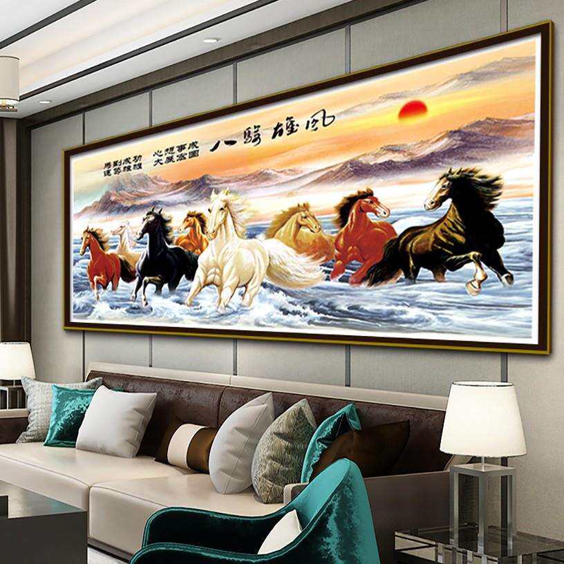 大幅八马图十字绣八骏雄风财源滚滚新中式现代客厅装饰画印花刺绣
