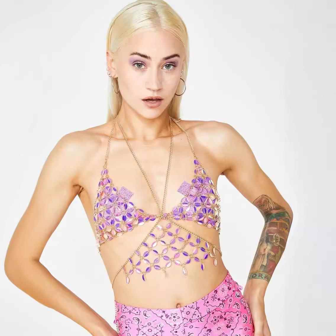 Small Body Tunic Shape Sequined V-Neck Vest Halter Leaf Top