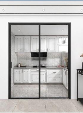 厨房极窄三联动玻璃推拉门铝合金隔断吊轨滑轮折叠门移门现代简约