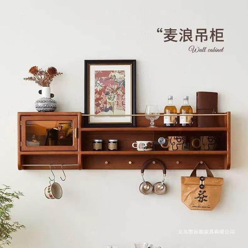 日式餐边柜墙上置物架实木吊柜壁挂咖啡杯子收纳柜厨房挂墙调料柜
