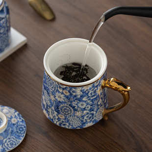 中国风羊脂玉瓷手工鎏金办公杯茶水分离家用个人泡茶杯商务伴手礼