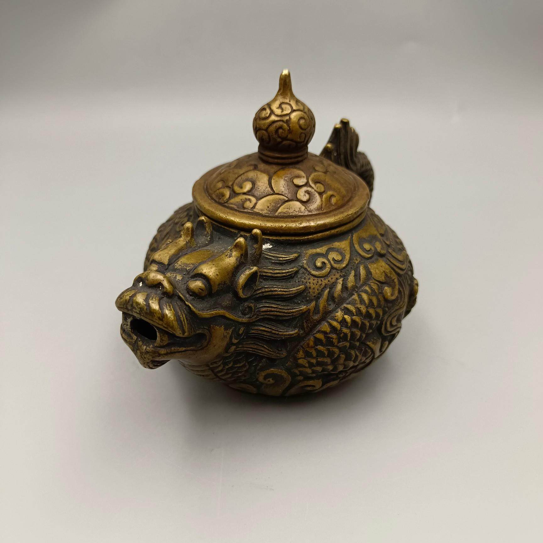 古韵斋 仿古龙头龙把铜酒壶摆件家居装饰工艺品 古玩收藏铜壶